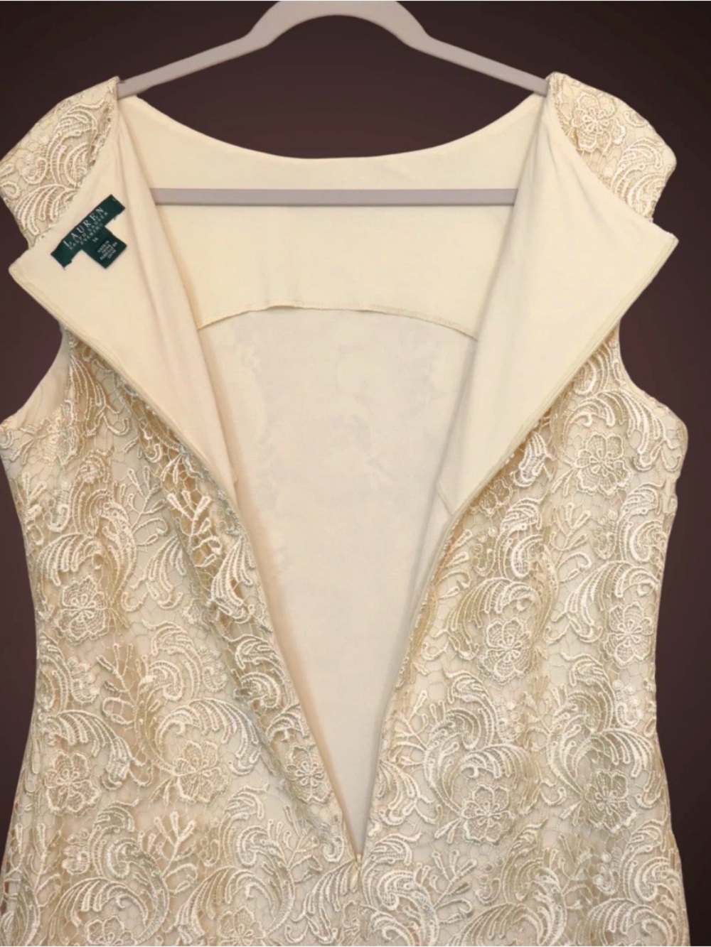 Ralph Lauren Lauren, Woman's Cream Sleeveless Lace Dress, Size 14 - Picture 3 of 7